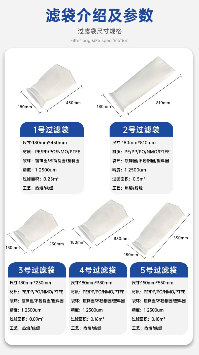 Filter bag specifications in Chinese and English